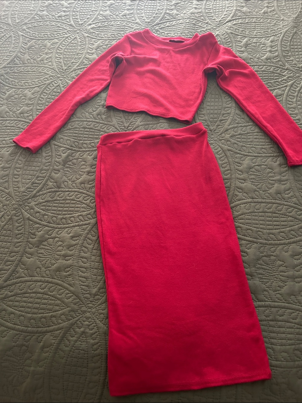 Red Knit Midi Pencil Skirt - Women's